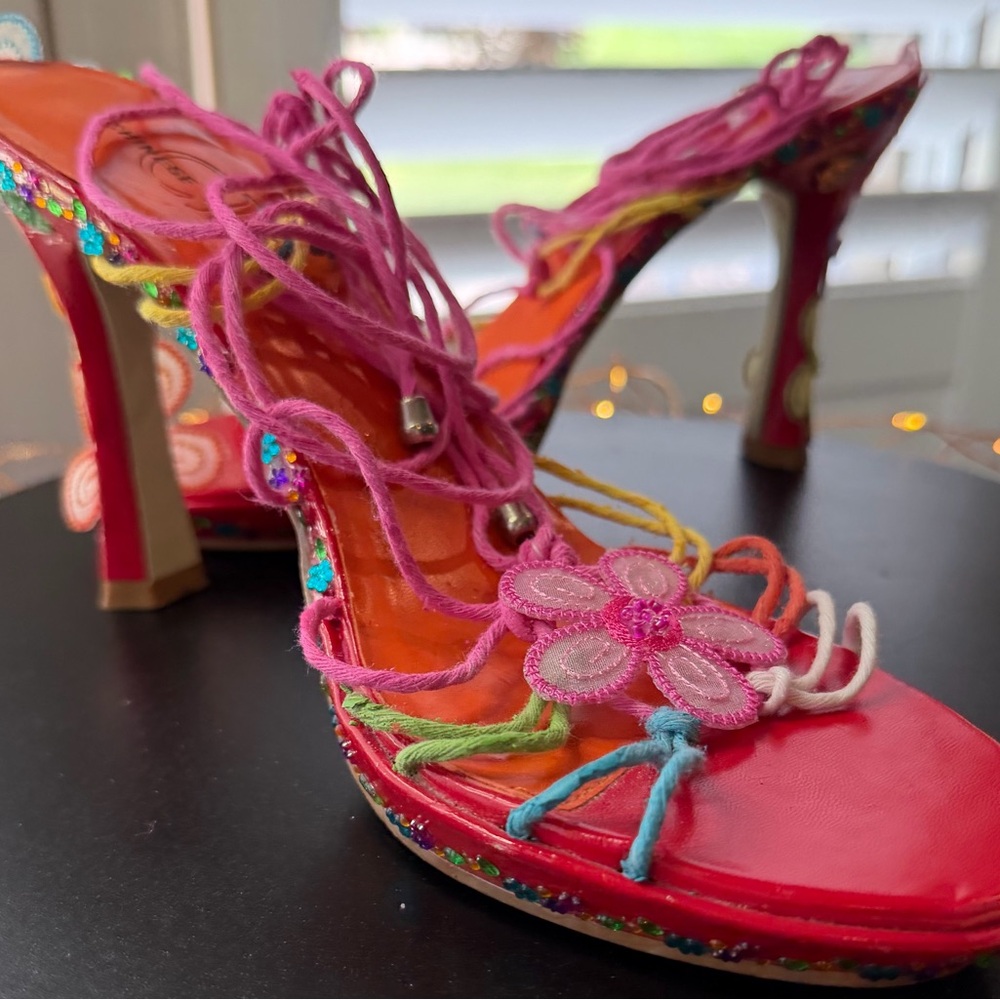OOAK Bright Lights Strappy Rainbow Gladiator Statement Platform Heels, sz 8.5 - Picture 15 of 17